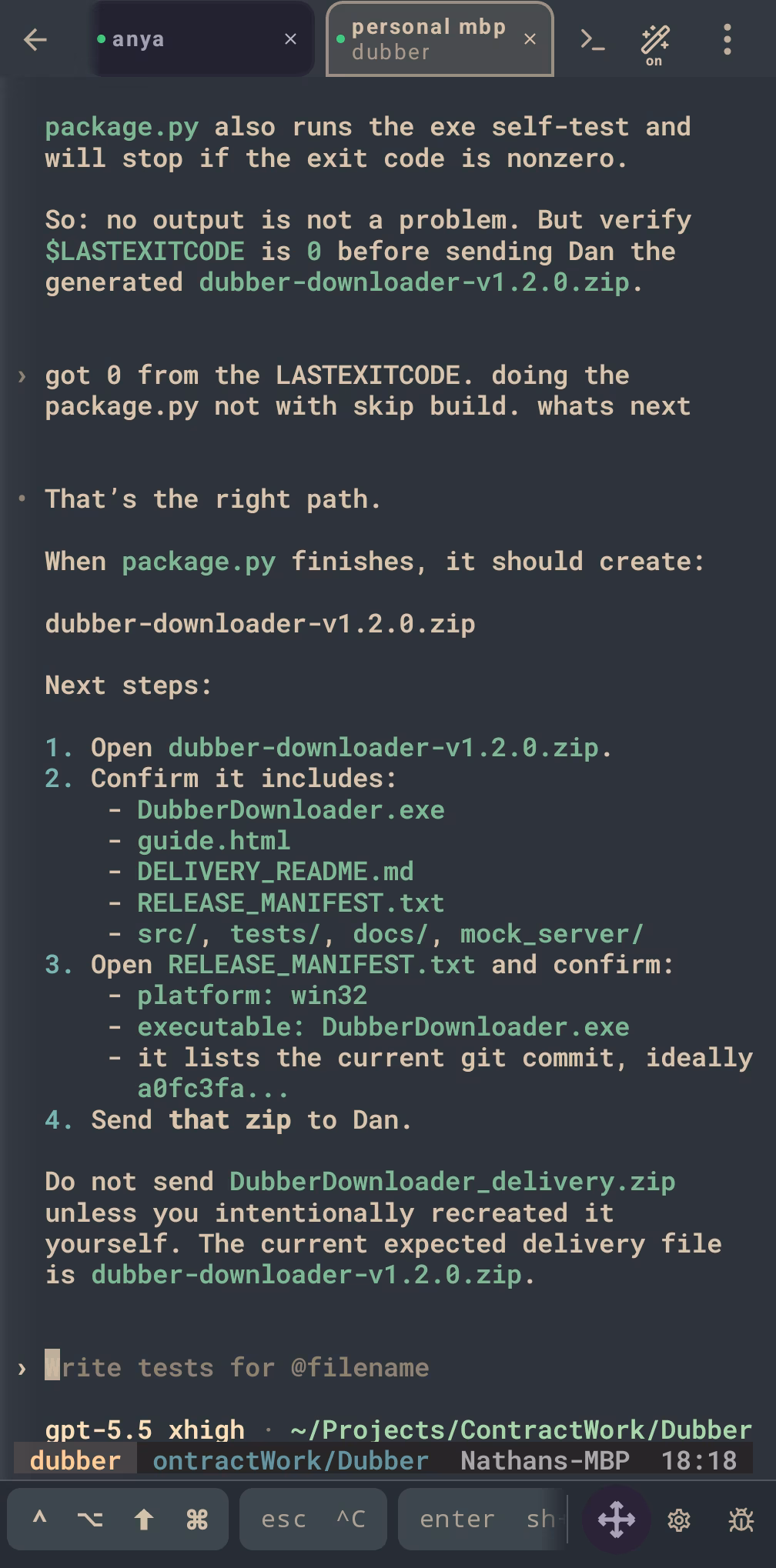 A long Claude Code conversation in Vector, with terminal shortcut keys and a tmux status line at the bottom