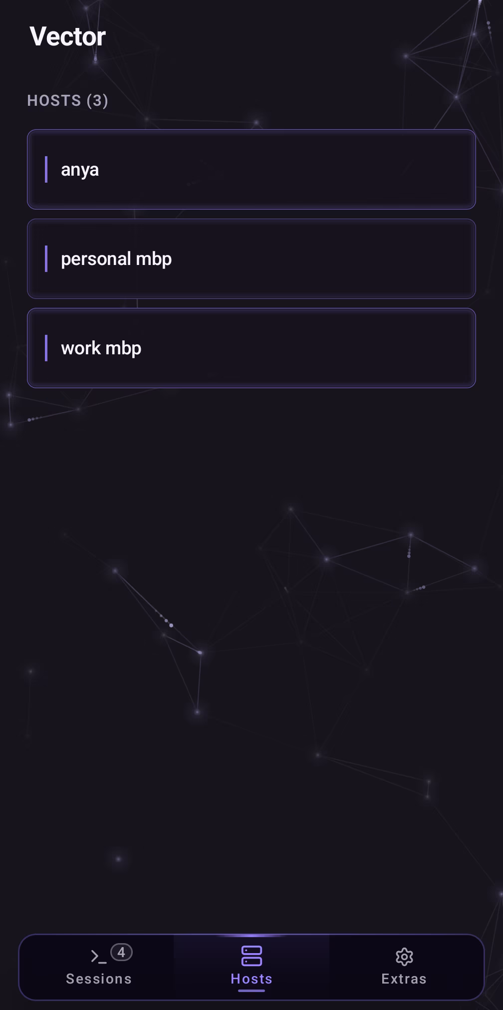 Vector's host list: three saved hosts over the network graph background